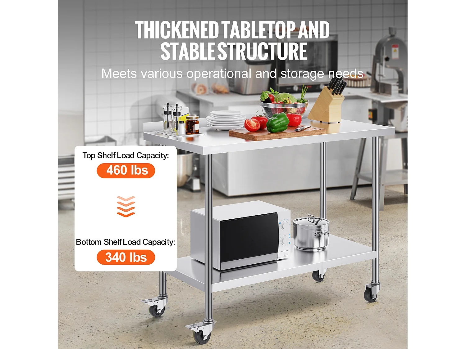 Table de Travail Commerciale en Acier Inoxydable SucceBuy, 121,9 x 61 x 100,6 cm, avec Roulettes