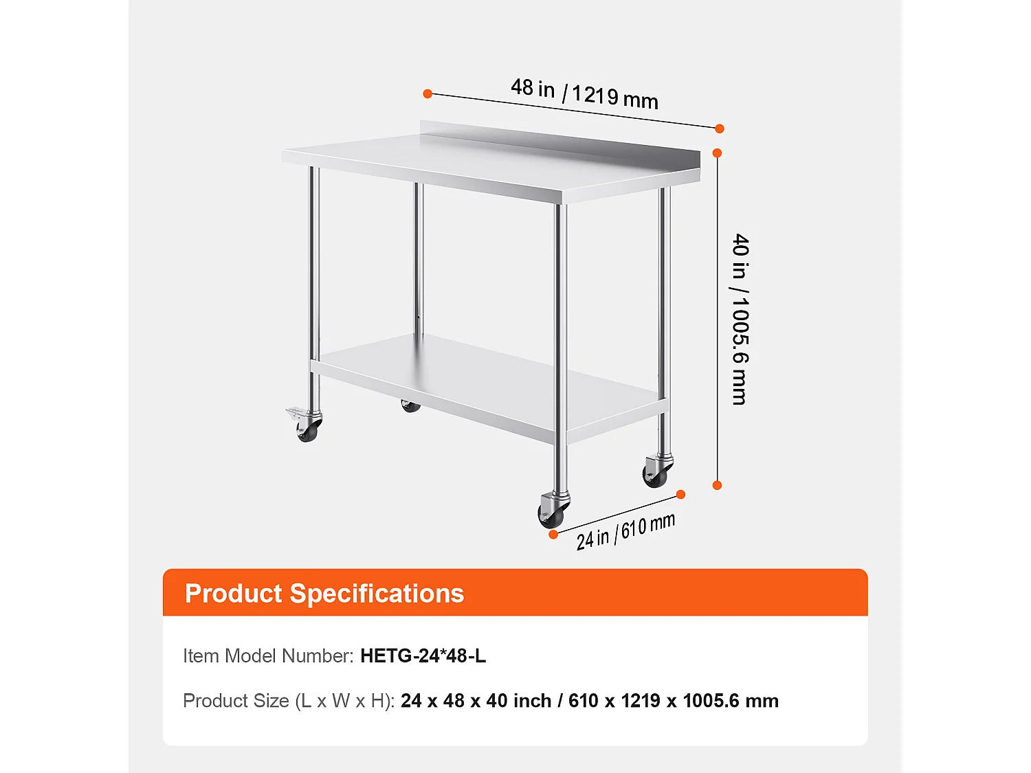 Table de Travail Commerciale en Acier Inoxydable SucceBuy, 121,9 x 61 x 100,6 cm, avec Roulettes