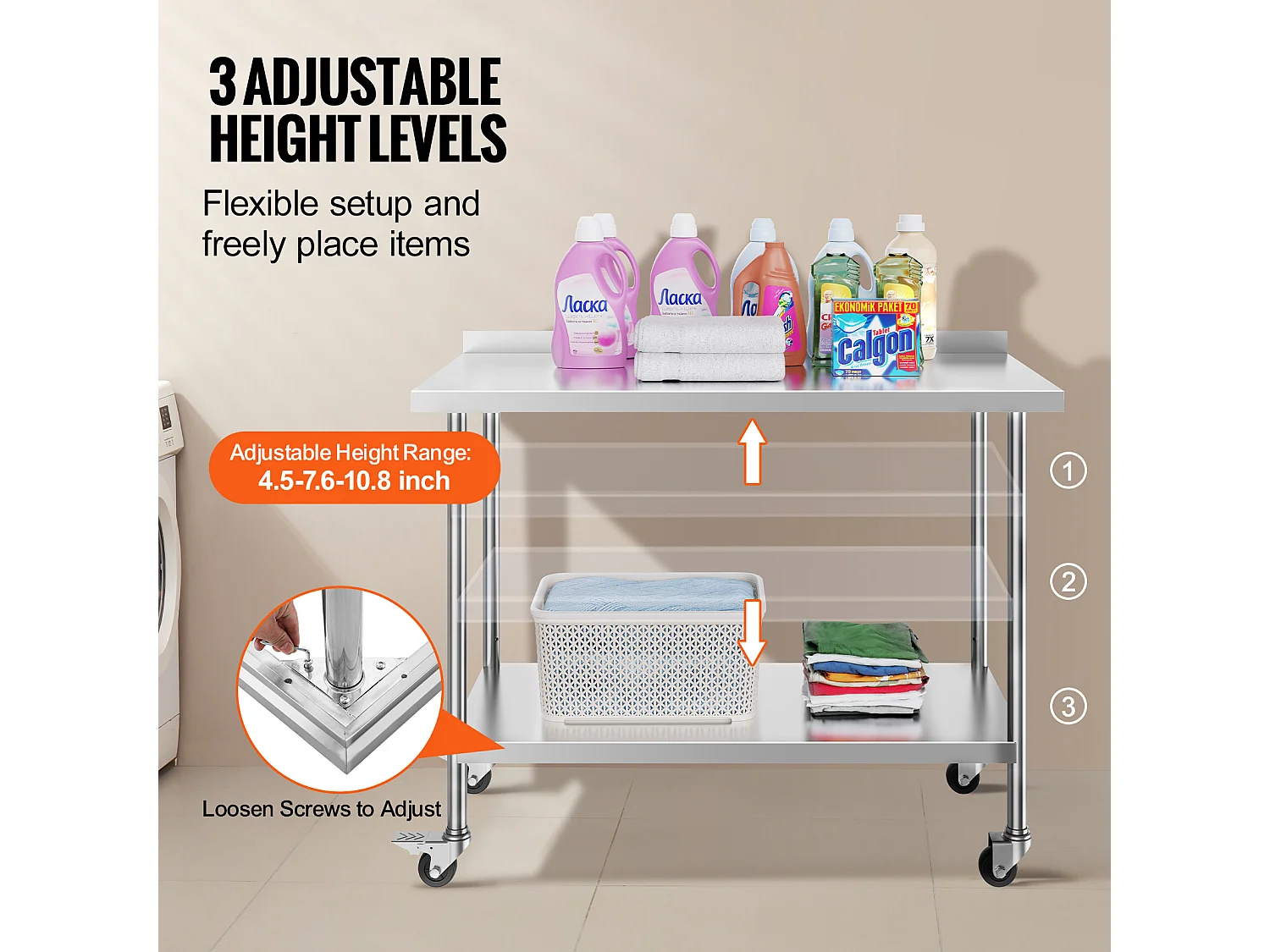 Table de Travail Commerciale en Acier Inoxydable SucceBuy, 121,9 x 61 x 100,6 cm, avec Roulettes