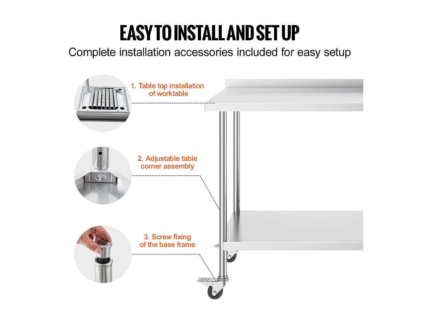 Table de Travail Commerciale en Acier Inoxydable SucceBuy, 121,9 x 61 x 100,6 cm, avec Roulettes