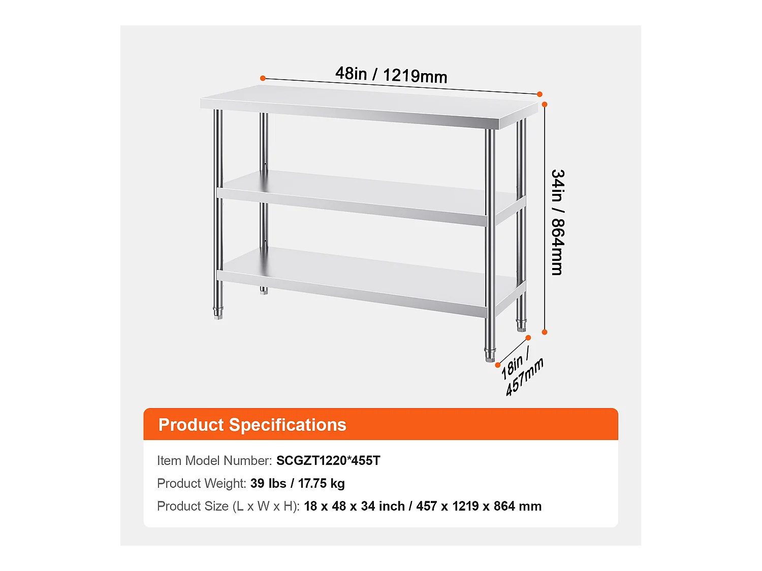 Table de Travail en Acier Inoxydable SucceBuy, 457 x 1219 x 864 mm, Table de Préparation pour Cuisine Commerciale