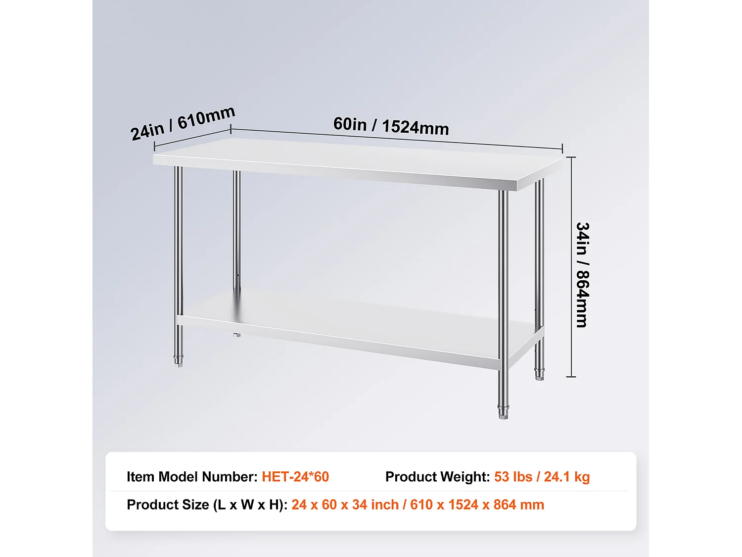 Werktafel voor Keuken SucceBuy, Commercieel Voedingswerkpost, met 3 Instelbare Hoogteniveaus, 61 x 152 x 86 cm