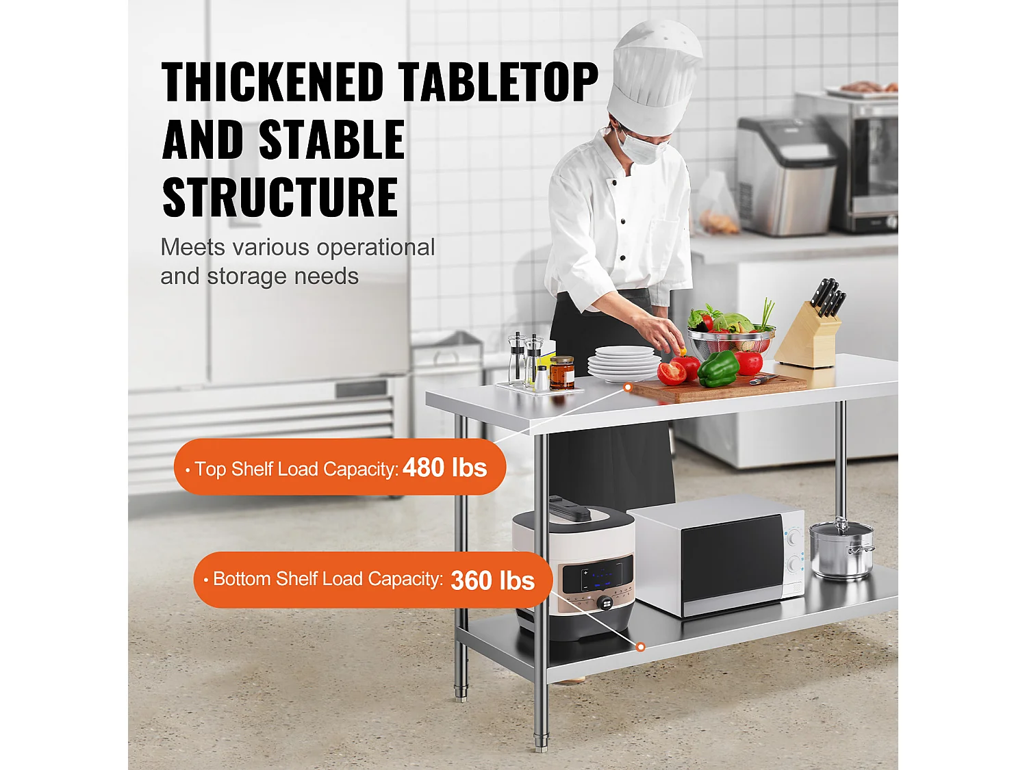 Werktafel voor Keuken SucceBuy, Commercieel Voedingswerkpost, met 3 Instelbare Hoogteniveaus, 61 x 152 x 86 cm