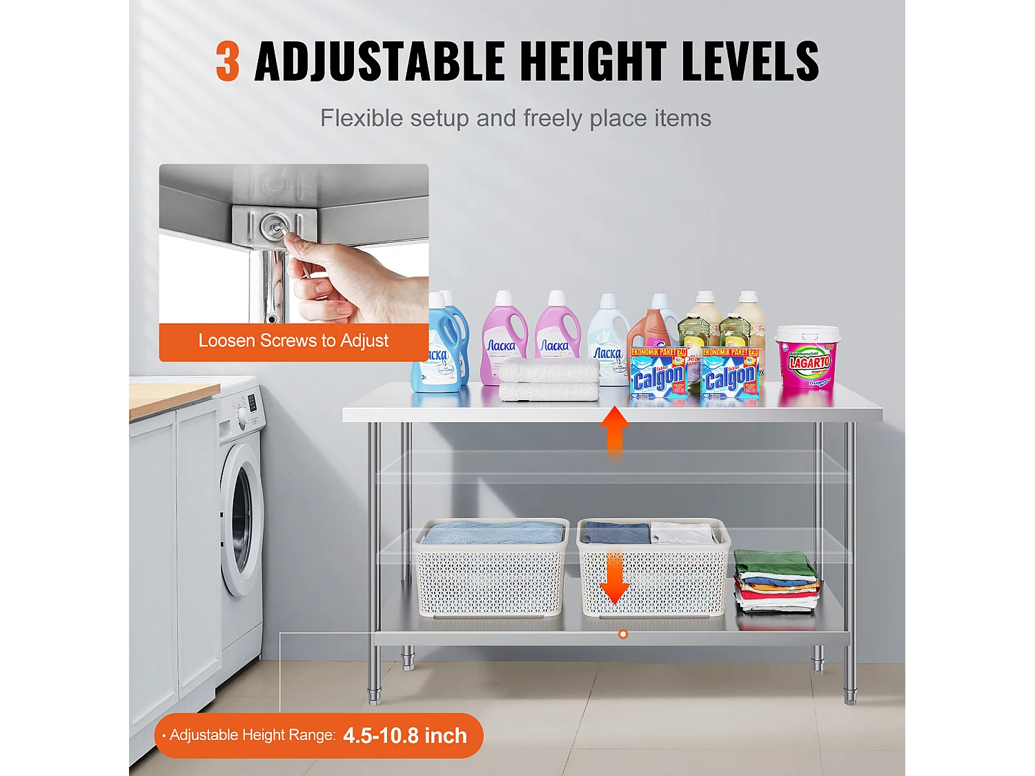 Werktafel voor Keuken SucceBuy, Commercieel Voedingswerkpost, met 3 Instelbare Hoogteniveaus, 61 x 152 x 86 cm