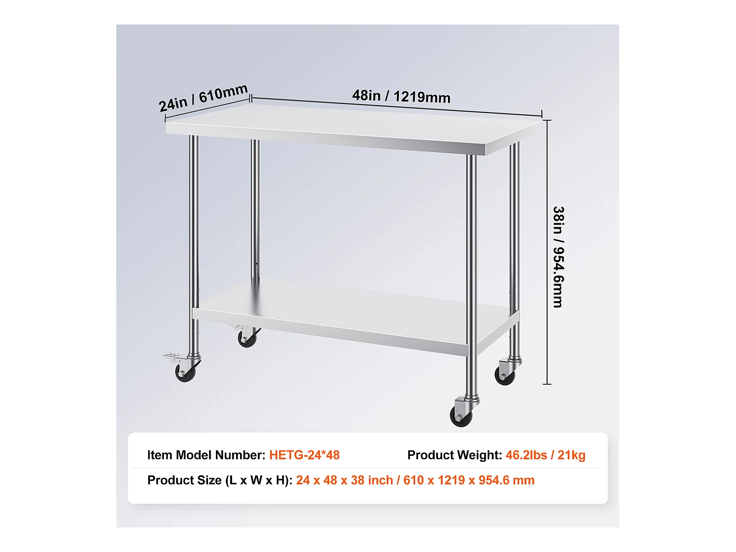 Table de Travail Cuisine SucceBuy, 61 x 122 cm, Table de Préparation Commerciale avec 4 Roulettes, Table de Travail en Acier Inoxydable