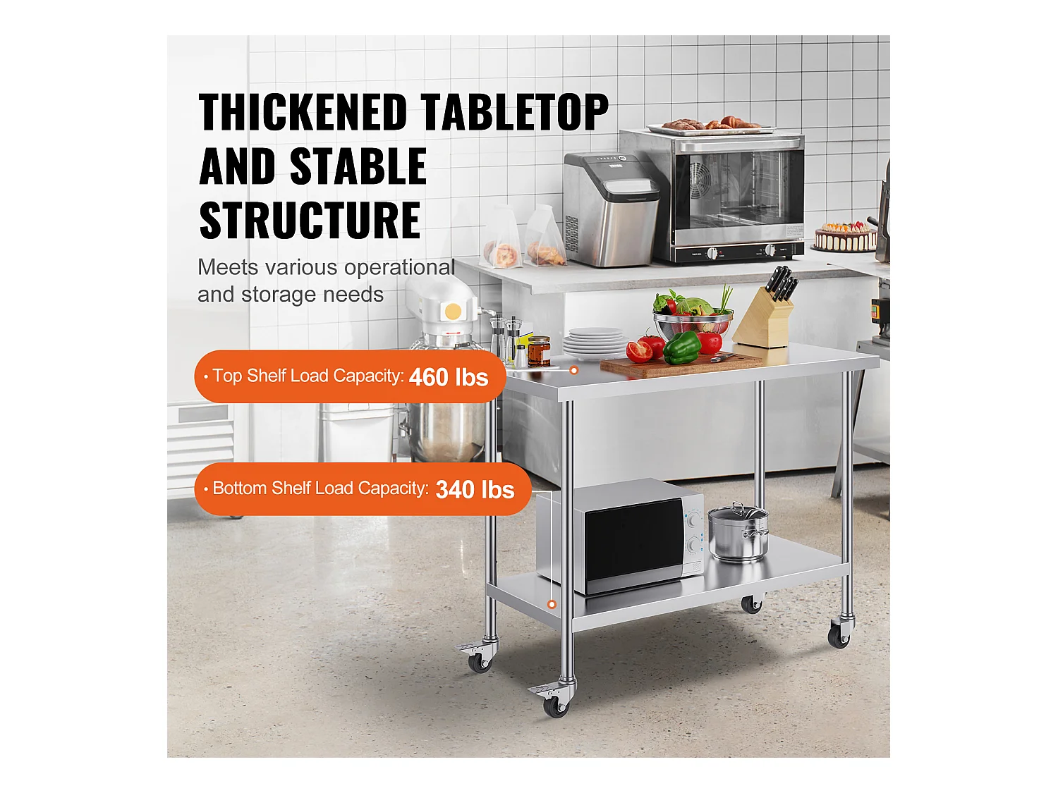 Table de Travail Cuisine SucceBuy, 61 x 122 cm, Table de Préparation Commerciale avec 4 Roulettes, Table de Travail en Acier Inoxydable