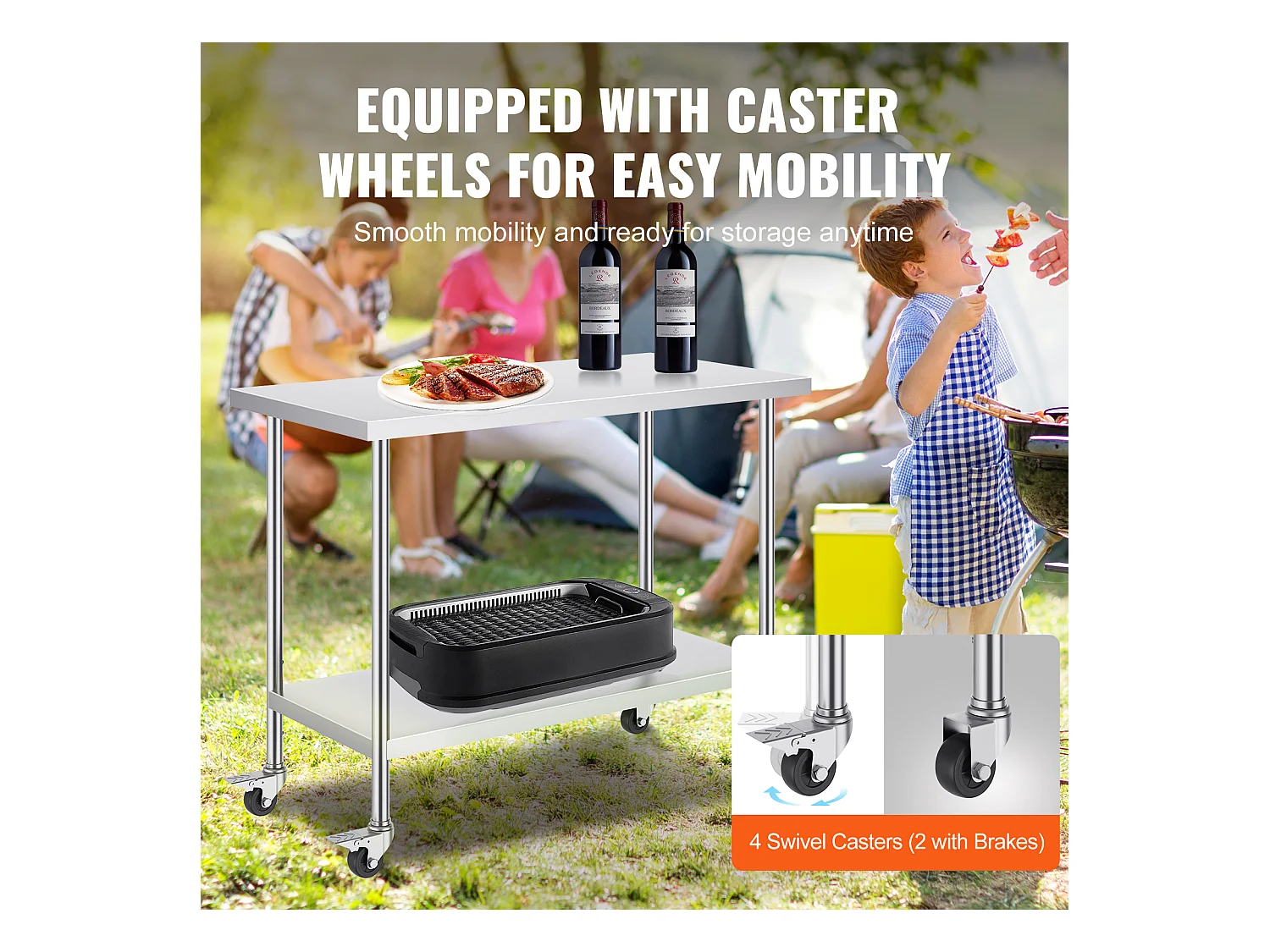 Table de Travail Cuisine SucceBuy, 61 x 122 cm, Table de Préparation Commerciale avec 4 Roulettes, Table de Travail en Acier Inoxydable