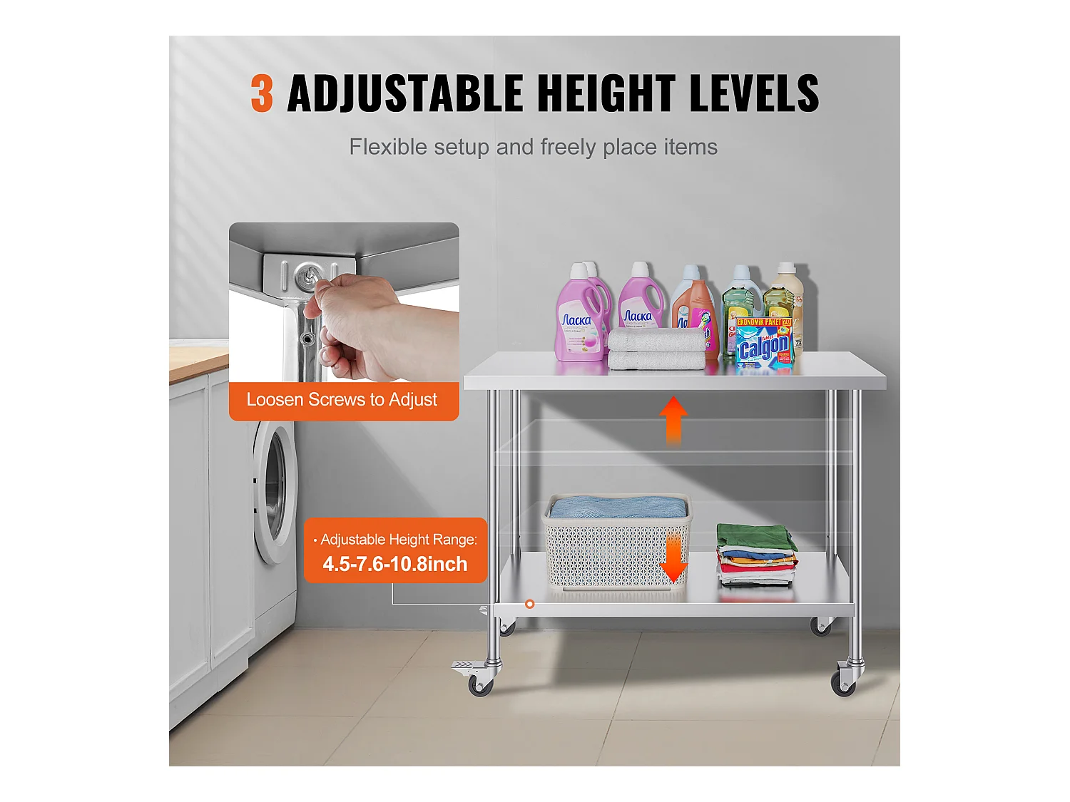 Table de Travail Cuisine SucceBuy, 61 x 122 cm, Table de Préparation Commerciale avec 4 Roulettes, Table de Travail en Acier Inoxydable