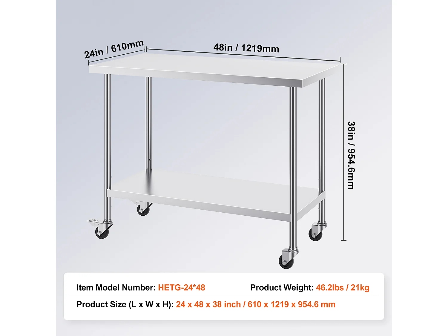 Koch Arbeitsplatte SucceBuy 61 x 122 cm, Gewerbliche Zubereitungsplatte mit 4 Rollen