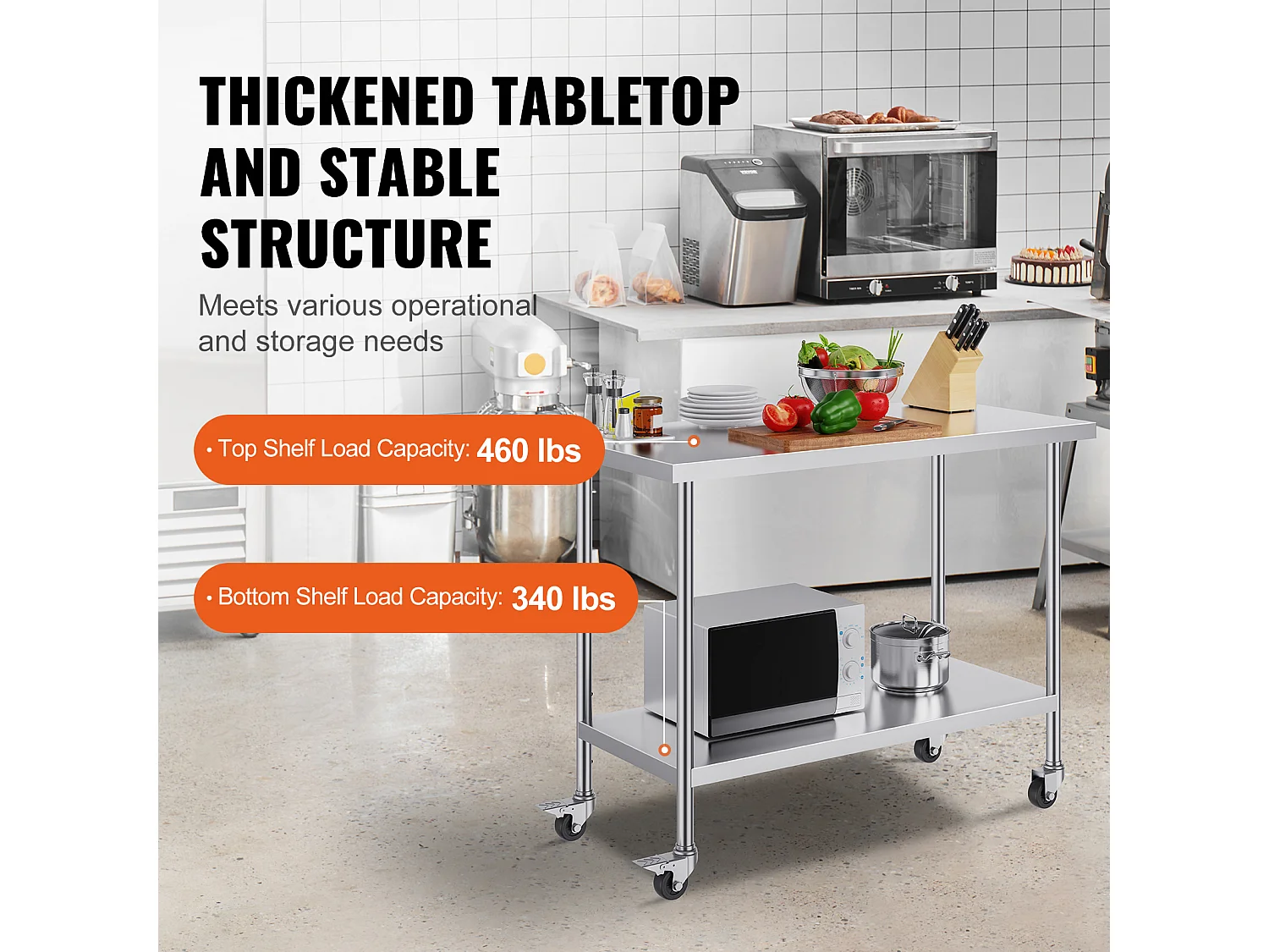 Koch Arbeitsplatte SucceBuy 61 x 122 cm, Gewerbliche Zubereitungsplatte mit 4 Rollen