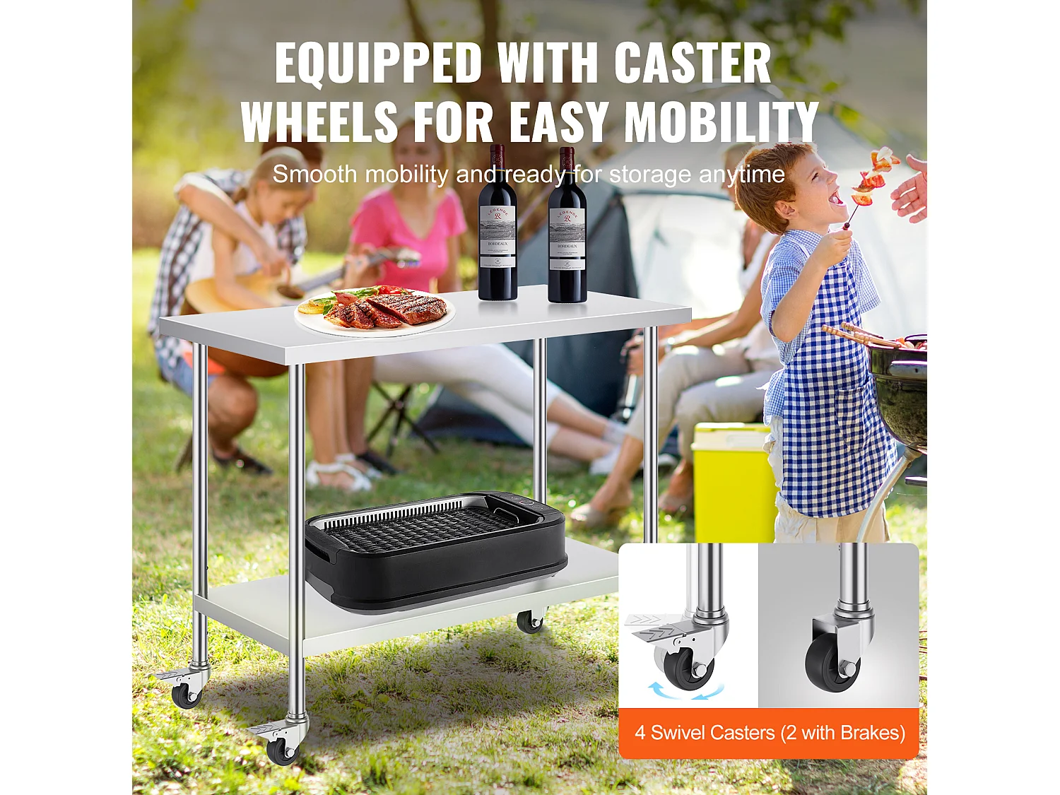 Koch Arbeitsplatte SucceBuy 61 x 122 cm, Gewerbliche Zubereitungsplatte mit 4 Rollen