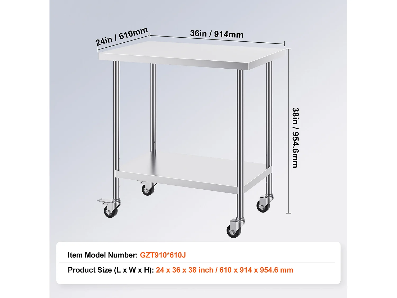 Table de Travail en Acier Inoxydable SucceBuy, 610 x 914 x 954,6 mm, Table de Préparation Commerciale avec 4 Roulettes