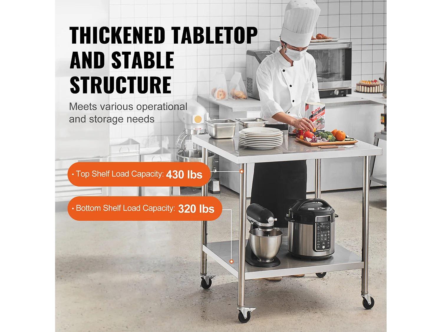 Table de Travail en Acier Inoxydable SucceBuy, 610 x 914 x 954,6 mm, Table de Préparation Commerciale avec 4 Roulettes