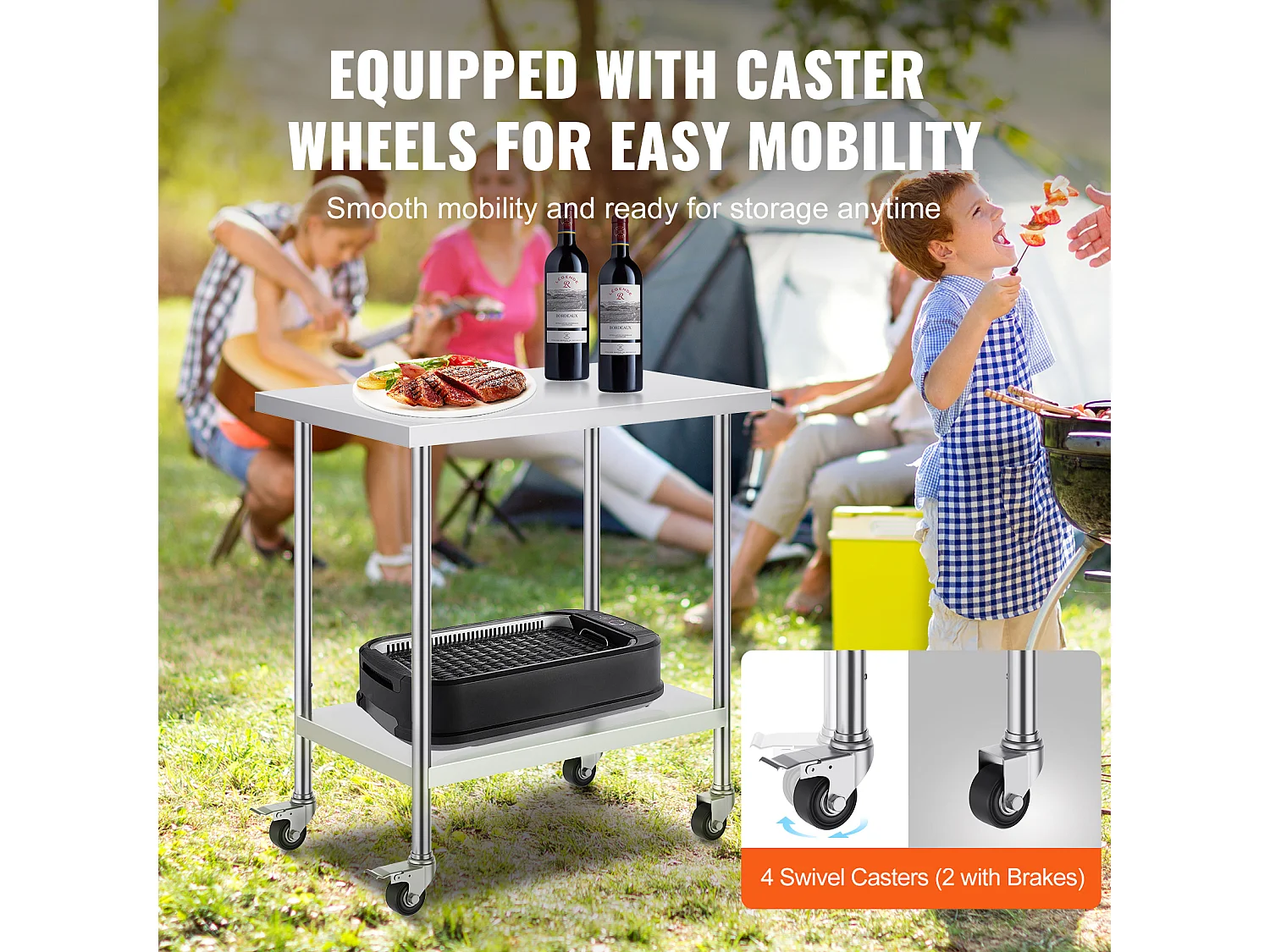 Table de Travail en Acier Inoxydable SucceBuy, 610 x 914 x 954,6 mm, Table de Préparation Commerciale avec 4 Roulettes