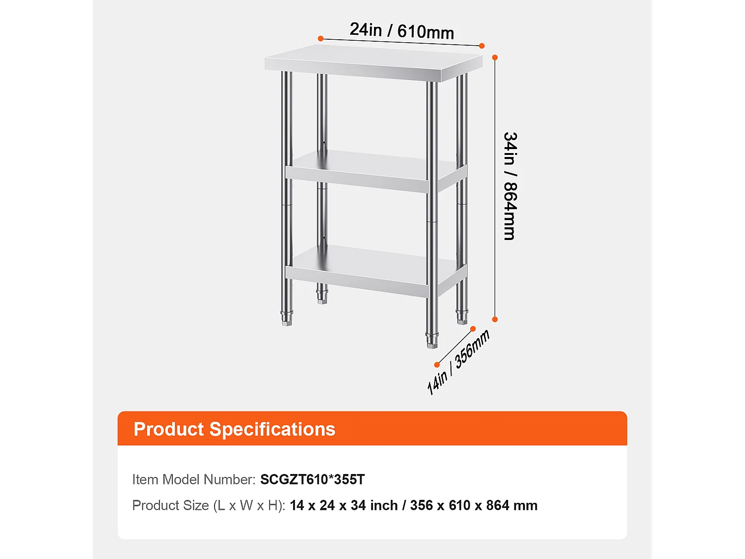 Table de Travail en Acier Inoxydable SucceBuy, 356 x 610 x 864 mm, Table de Préparation pour Cuisine Commerciale