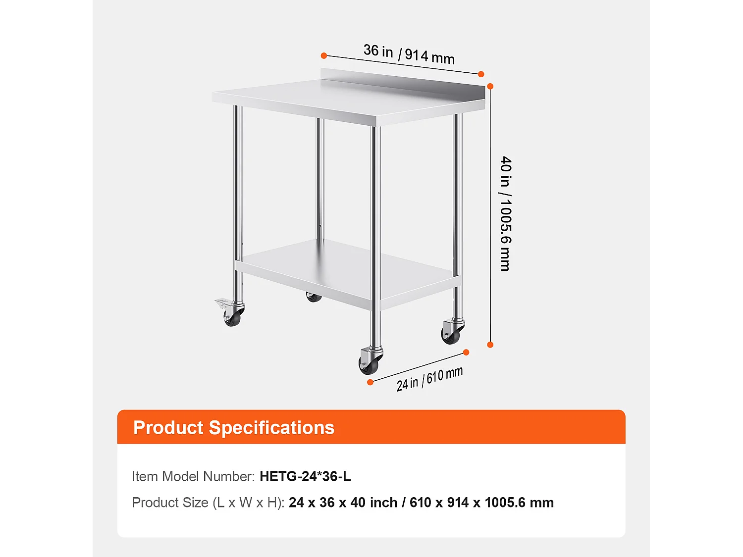 Table de Travail Commerciale en Acier Inoxydable SucceBuy, 91,4 x 61 x 100,6 cm, avec Roulettes