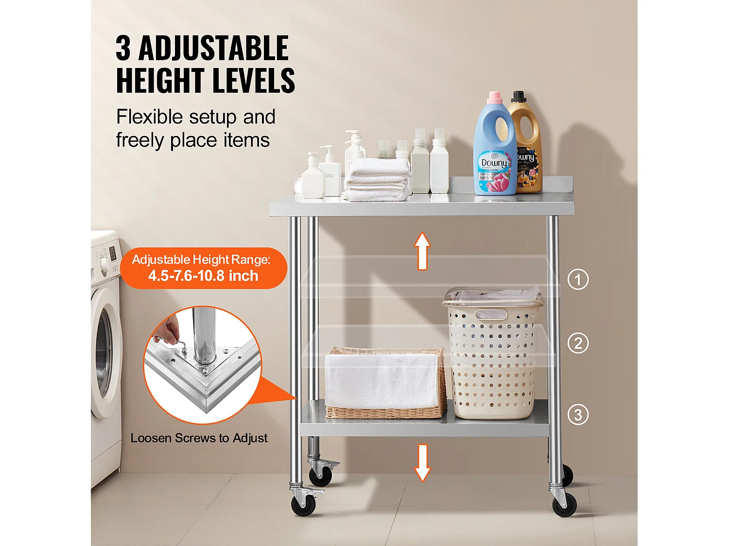 Table de Travail Commerciale en Acier Inoxydable SucceBuy, 91,4 x 61 x 100,6 cm, avec Roulettes