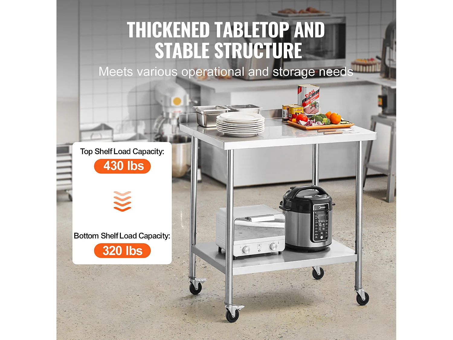 Table de Travail Commerciale en Acier Inoxydable SucceBuy, 91,4 x 61 x 100,6 cm, avec Roulettes