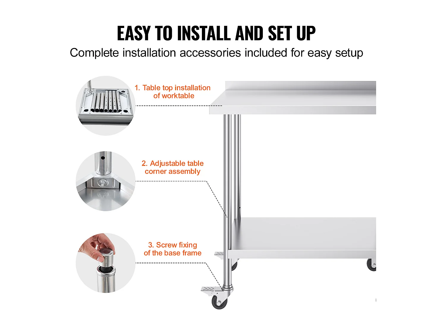 Table de Travail Commerciale en Acier Inoxydable SucceBuy, 91,4 x 61 x 100,6 cm, avec Roulettes