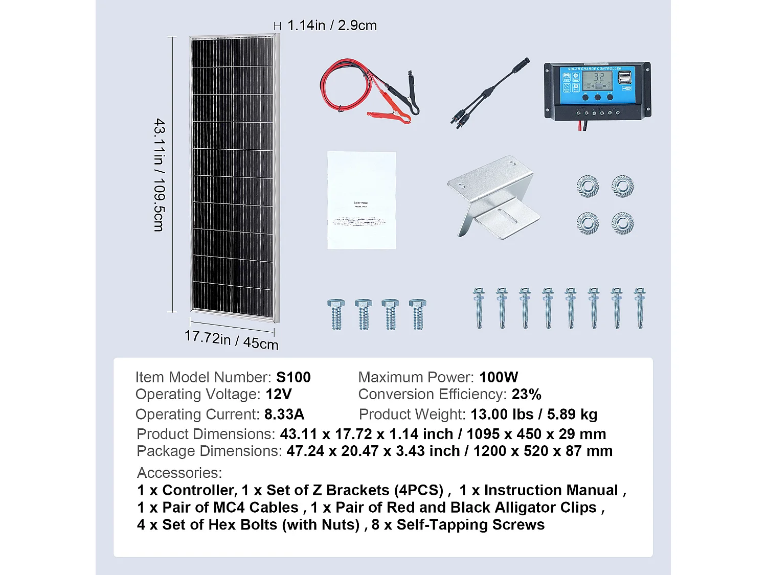 Panneau Solaire Monocristallin SucceBuy, 100 W 12 V, Kit de Panneau avec Contrôleur
