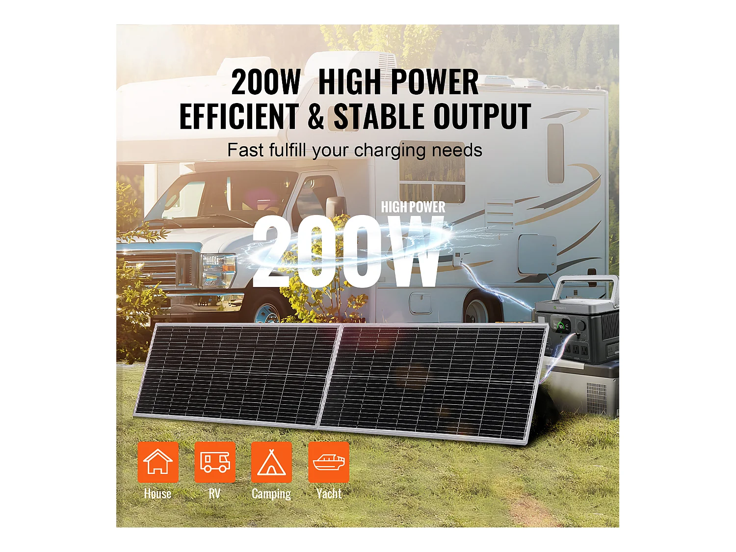 Panneau Solaire Monocristallin SucceBuy, 200 W, Kit de 2 Panneaux et Contrôleur, pour Camping, Randonnée, Utilisation Hors Réseau
