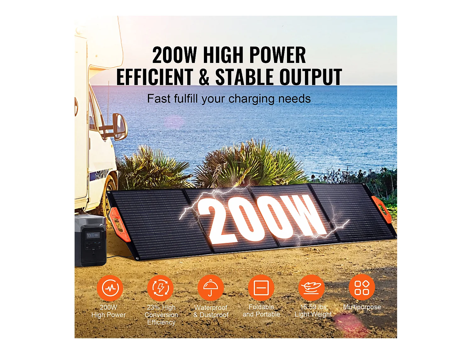 Panneau Solaire Monocristallin Portable SucceBuy, 200 W, Kit de Chargeur ETFE Pliable