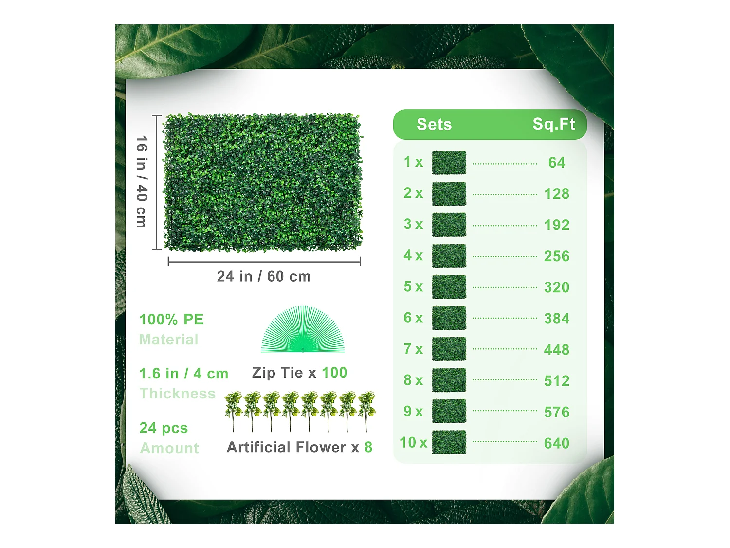 Panneaux de Buis Artificiels SucceBuy 60.96x40.64 cm Protégés contre les UV | 24 Pièces | Décor de Clôture Verte