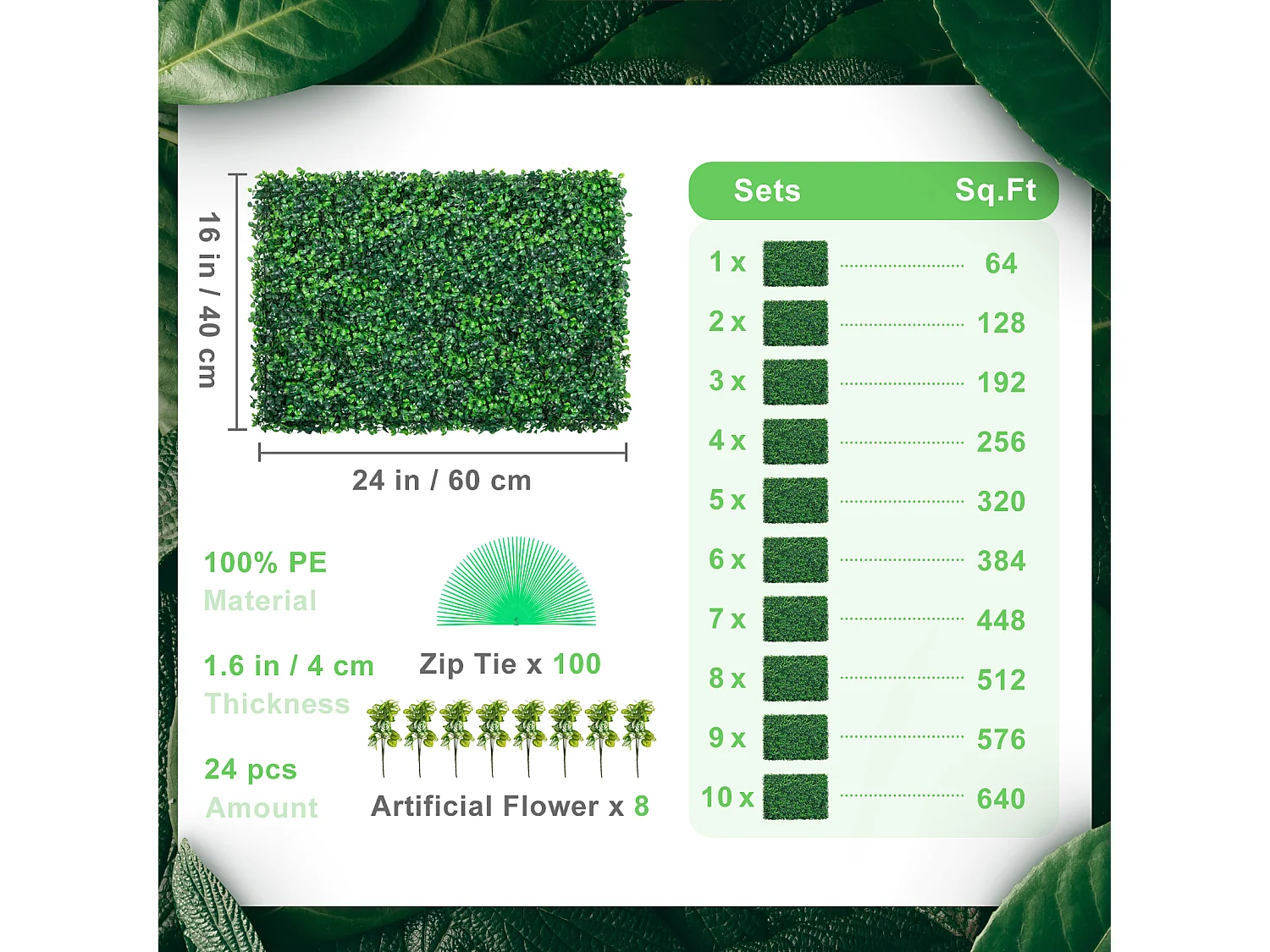Panneaux de Buis Artificiels SucceBuy 60.96x40.64 cm Protégés contre les UV | 24 Pièces | Décor de Clôture Verte
