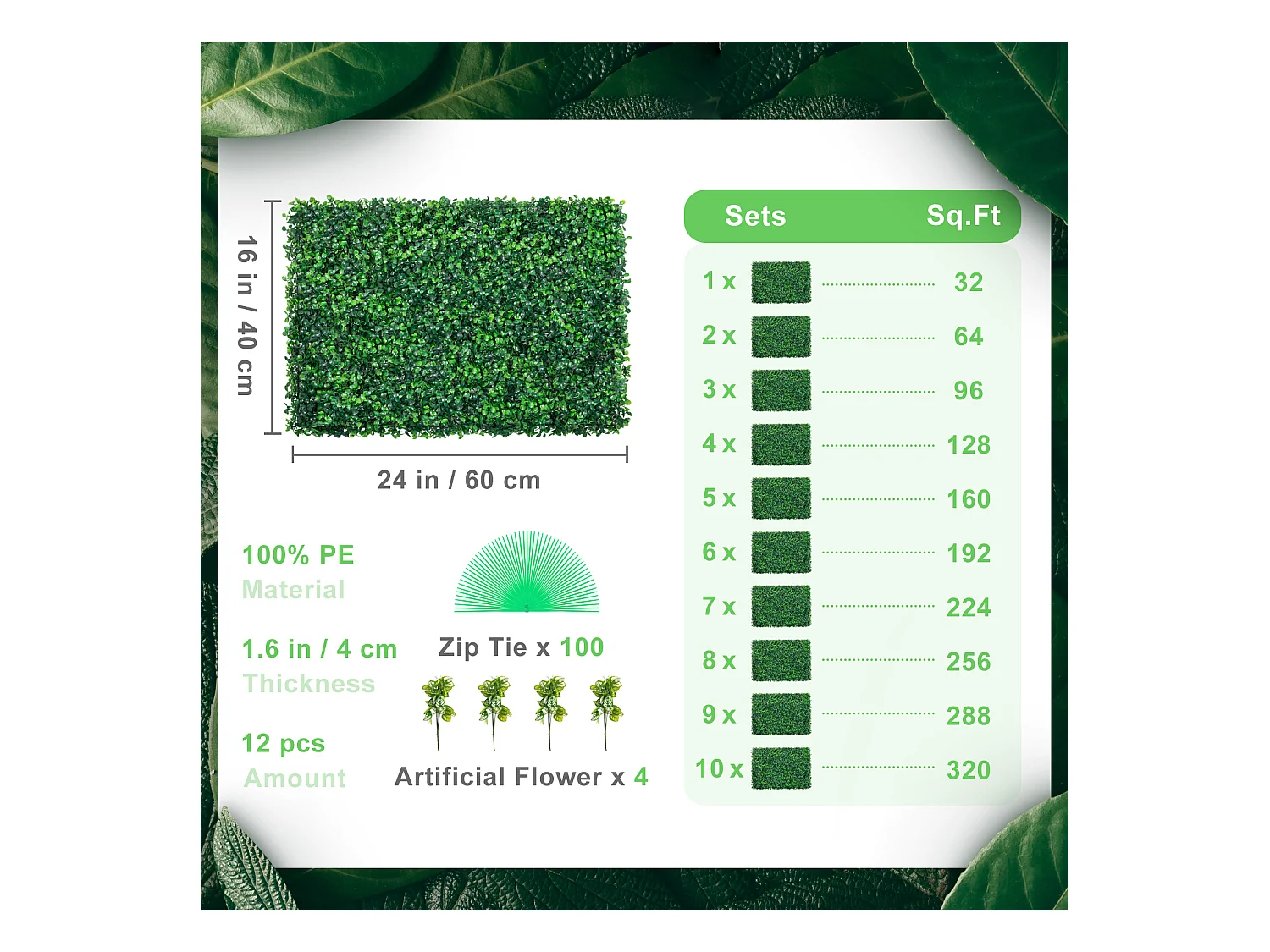 Panneaux de Buis Artificiels SucceBuy 61 x 40,6 cm 12 Pièces, Murales Artificielles en Buis, Résistantes aux UV