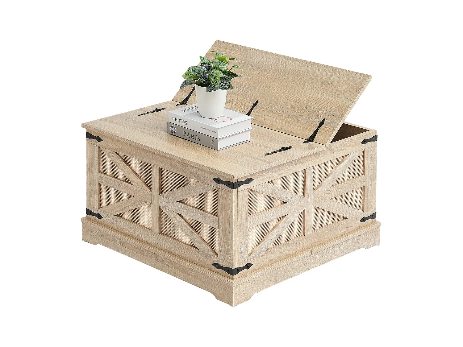 Table Basse en Rotin SucceBuy 81.28 CM à 2 Niveaux, Style Bohème Moderne avec Charnières en Métal Rétro, pour Salon, Chambre et Petits Espaces