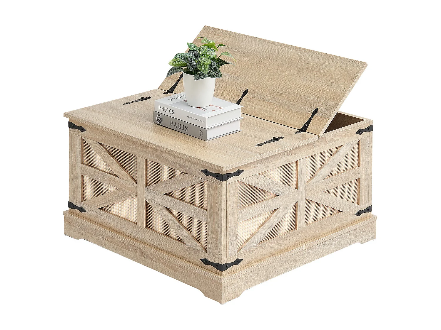 Table Basse en Rotin SucceBuy 81.28 CM à 2 Niveaux, Style Bohème Moderne avec Charnières en Métal Rétro, pour Salon, Chambre et Petits Espaces