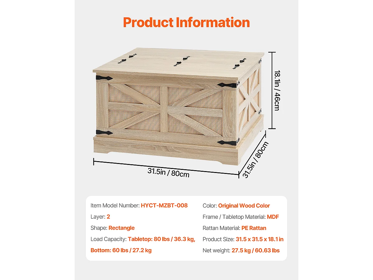 Table Basse en Rotin SucceBuy 81.28 CM à 2 Niveaux, Style Bohème Moderne avec Charnières en Métal Rétro, pour Salon, Chambre et Petits Espaces