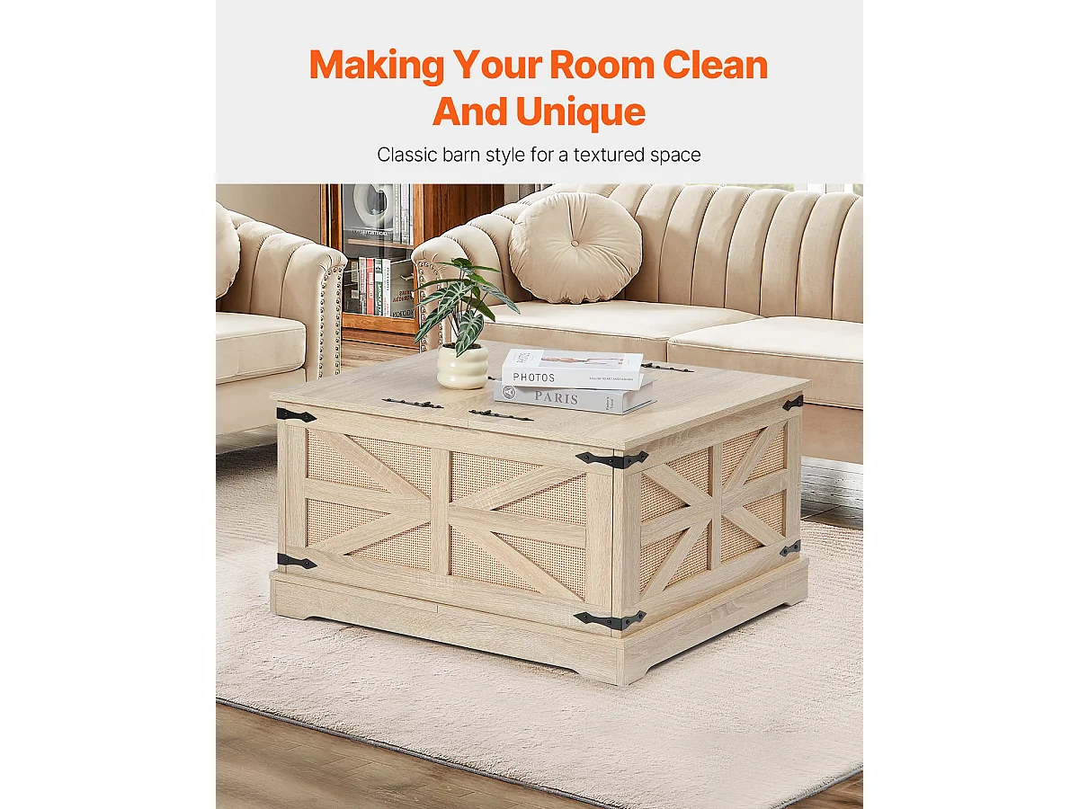 Table Basse en Rotin SucceBuy 81.28 CM à 2 Niveaux, Style Bohème Moderne avec Charnières en Métal Rétro, pour Salon, Chambre et Petits Espaces