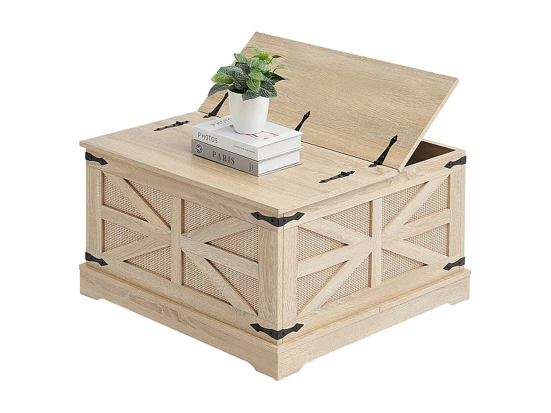 Table Basse en Rotin SucceBuy 81.28 CM à 2 Niveaux, Style Bohème Moderne avec Charnières en Métal Rétro, pour Salon, Chambre et Petits Espaces