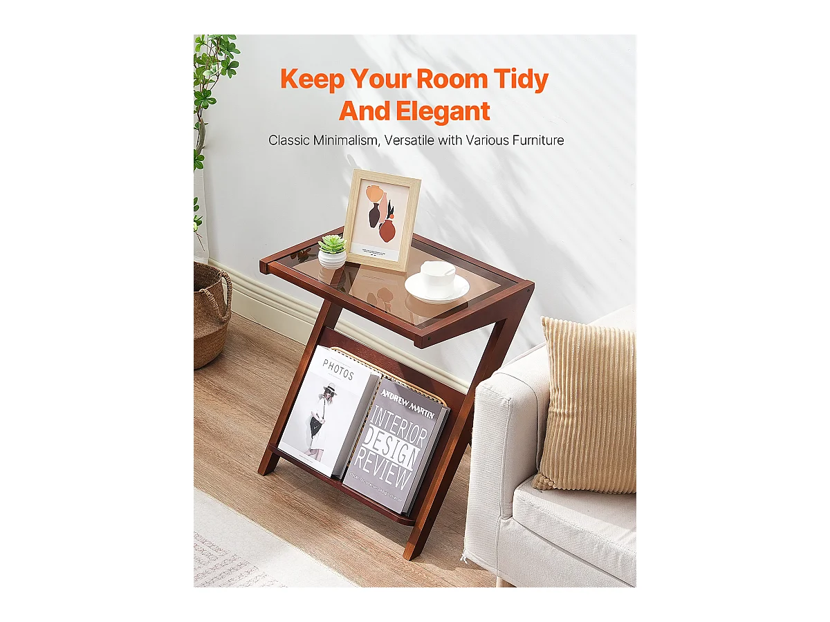 Table Basse en Rotin SucceBuy, Design à 1 Niveau en Forme de Z avec Plateau en Verre Trempé, Pieds en Bambou Naturel pour Salon, Chambre et Petits Espaces