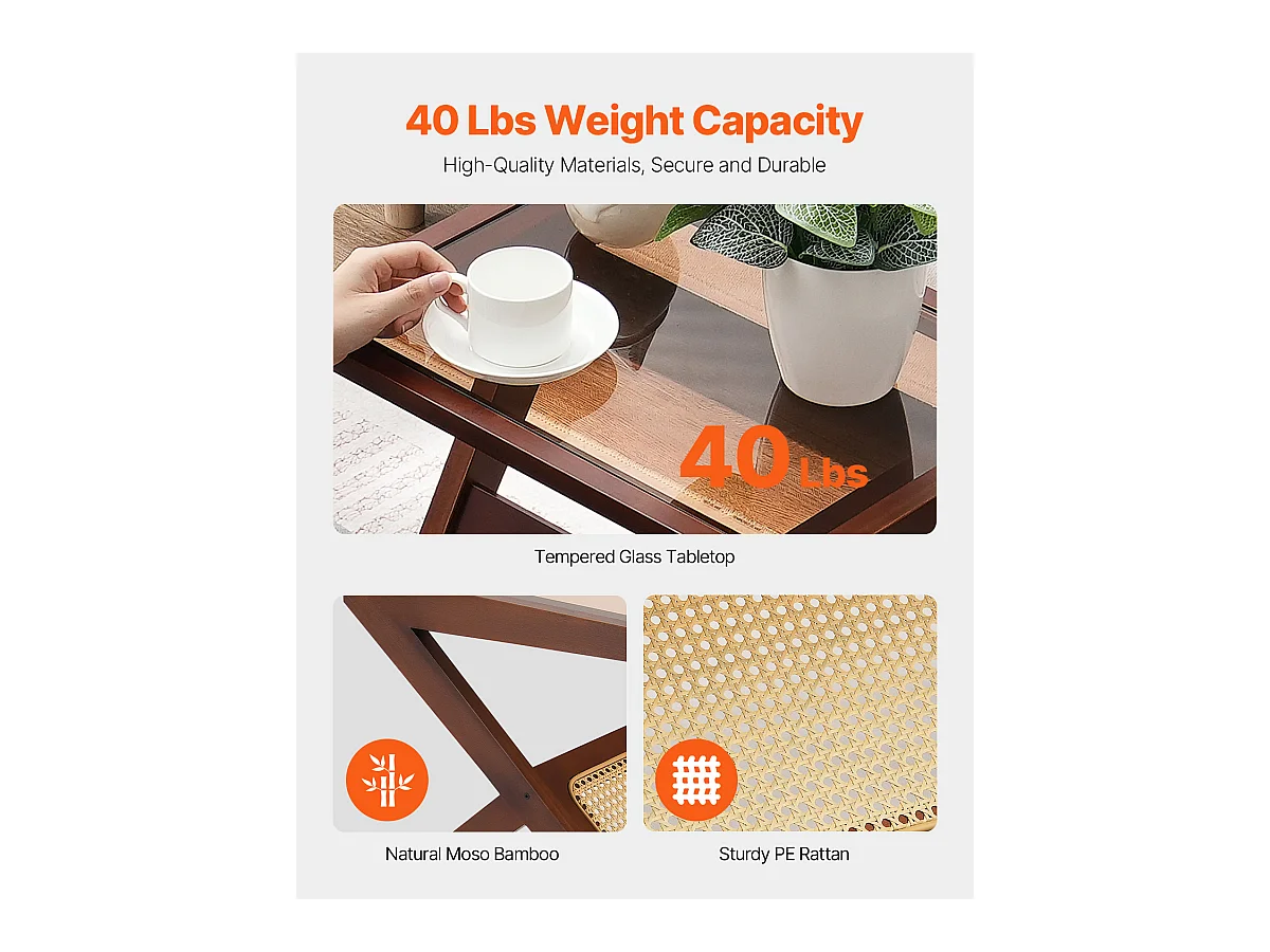 Table Basse en Rotin SucceBuy, Design à 1 Niveau en Forme de Z avec Plateau en Verre Trempé, Pieds en Bambou Naturel pour Salon, Chambre et Petits Espaces
