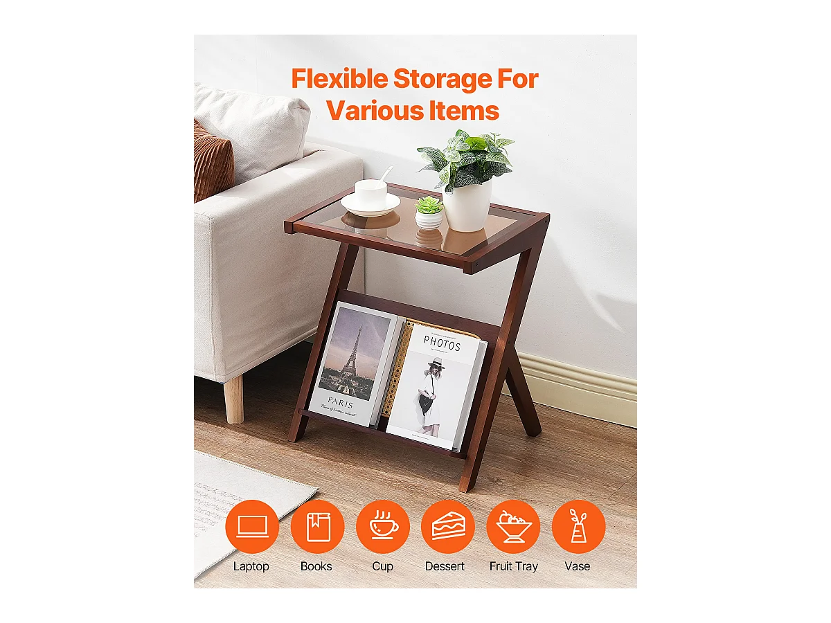 Table Basse en Rotin SucceBuy, Design à 1 Niveau en Forme de Z avec Plateau en Verre Trempé, Pieds en Bambou Naturel pour Salon, Chambre et Petits Espaces