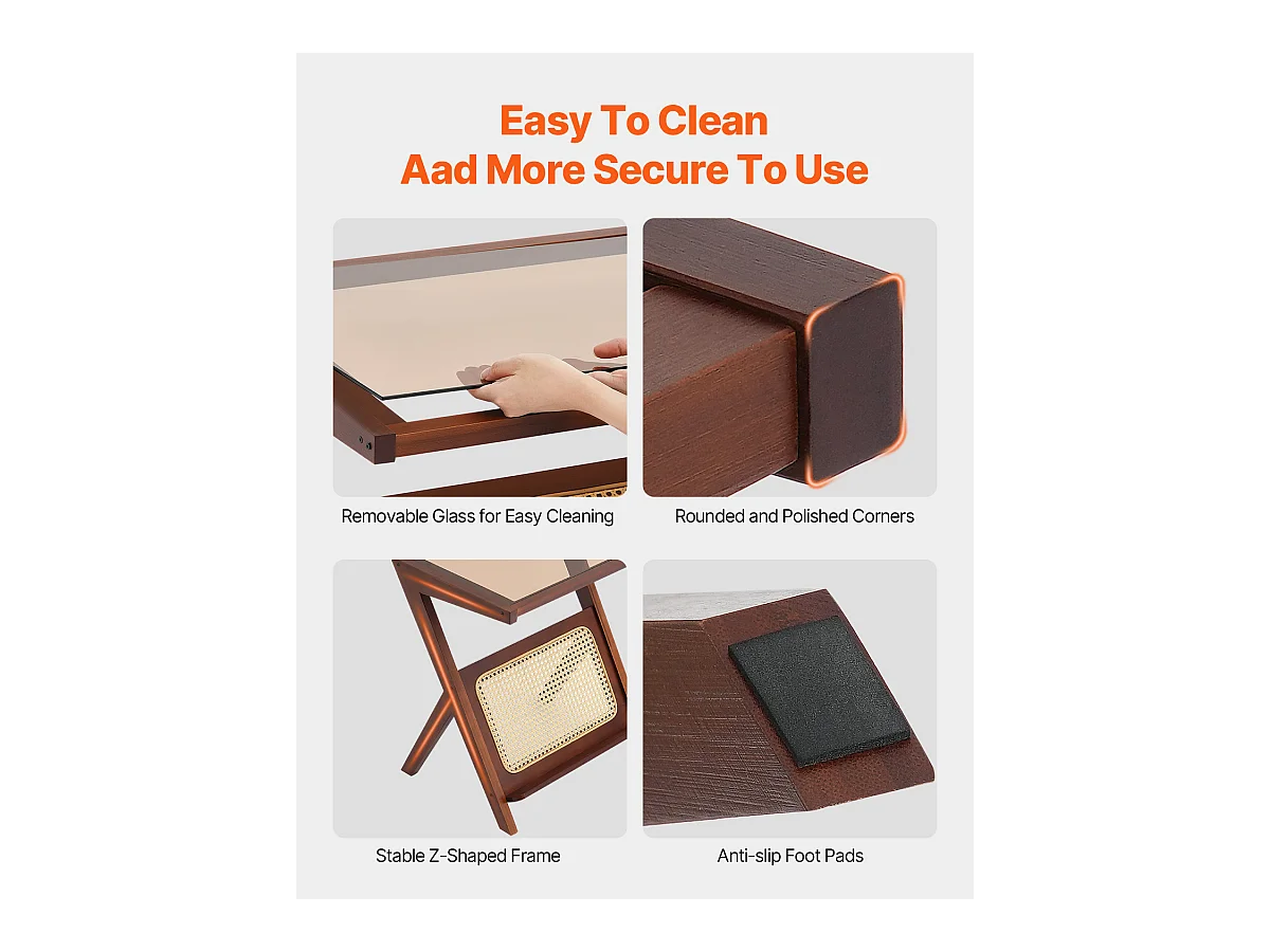 Table Basse en Rotin SucceBuy, Design à 1 Niveau en Forme de Z avec Plateau en Verre Trempé, Pieds en Bambou Naturel pour Salon, Chambre et Petits Espaces