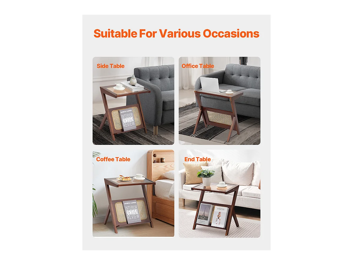 Table Basse en Rotin SucceBuy, Design à 1 Niveau en Forme de Z avec Plateau en Verre Trempé, Pieds en Bambou Naturel pour Salon, Chambre et Petits Espaces