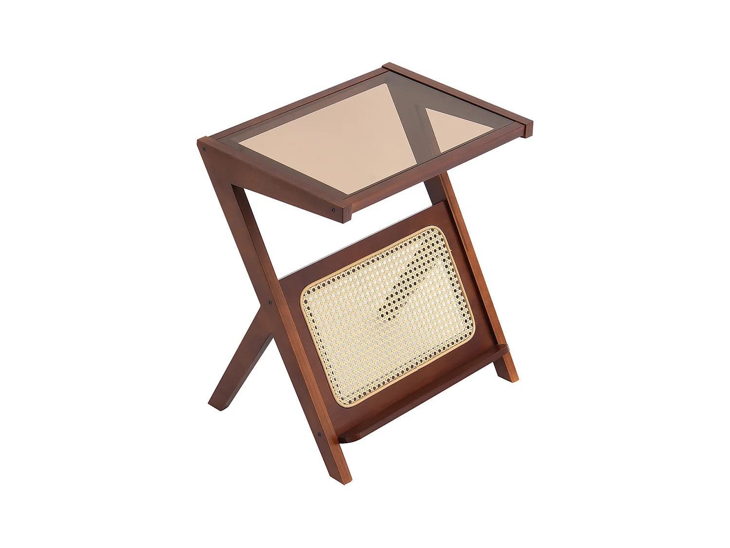 Table Basse en Rotin SucceBuy, Design à 1 Niveau en Forme de Z avec Plateau en Verre Trempé, Pieds en Bambou Naturel pour Salon, Chambre et Petits Espaces