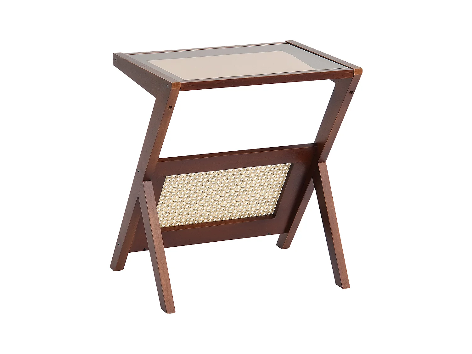 Table Basse en Rotin SucceBuy, Design à 1 Niveau en Forme de Z avec Plateau en Verre Trempé, Pieds en Bambou Naturel pour Salon, Chambre et Petits Espaces