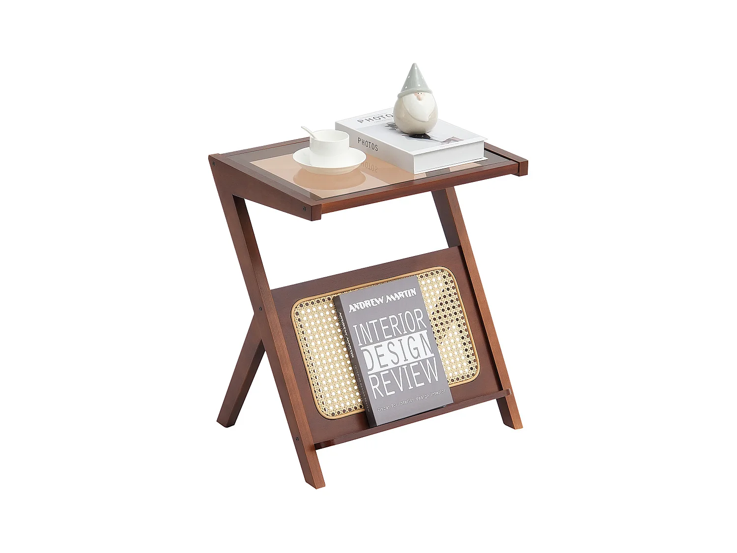 Table Basse en Rotin SucceBuy, Design à 1 Niveau en Forme de Z avec Plateau en Verre Trempé, Pieds en Bambou Naturel pour Salon, Chambre et Petits Espaces