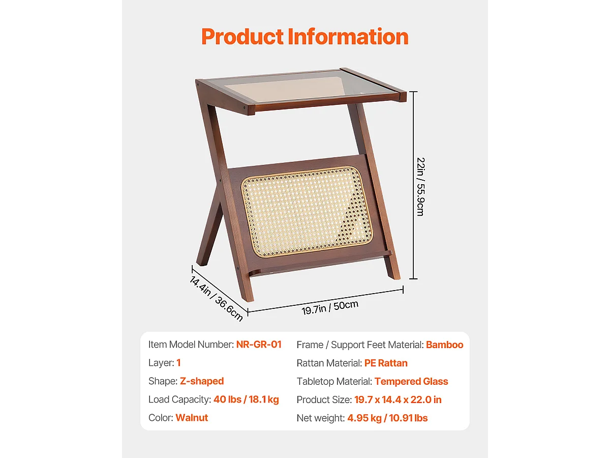 Table Basse en Rotin SucceBuy, Design à 1 Niveau en Forme de Z avec Plateau en Verre Trempé, Pieds en Bambou Naturel pour Salon, Chambre et Petits Espaces