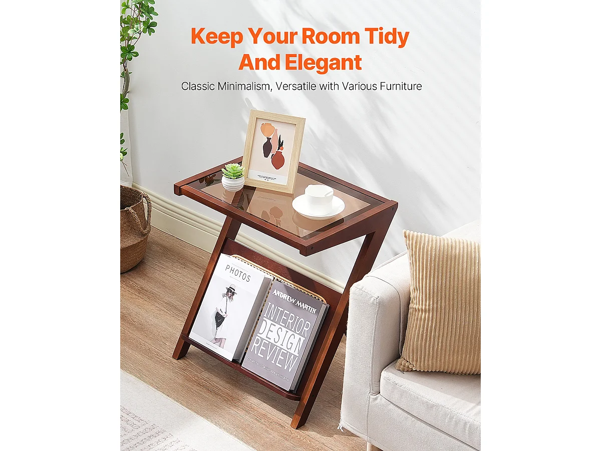 Table Basse en Rotin SucceBuy, Design à 1 Niveau en Forme de Z avec Plateau en Verre Trempé, Pieds en Bambou Naturel pour Salon, Chambre et Petits Espaces