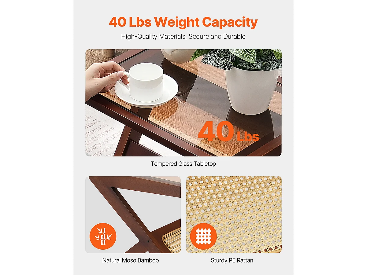 Table Basse en Rotin SucceBuy, Design à 1 Niveau en Forme de Z avec Plateau en Verre Trempé, Pieds en Bambou Naturel pour Salon, Chambre et Petits Espaces
