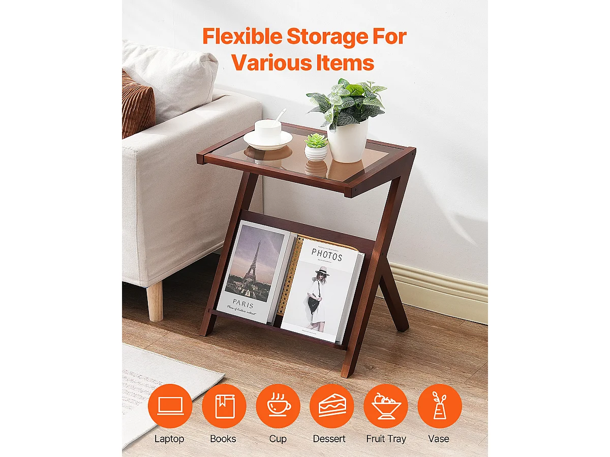 Table Basse en Rotin SucceBuy, Design à 1 Niveau en Forme de Z avec Plateau en Verre Trempé, Pieds en Bambou Naturel pour Salon, Chambre et Petits Espaces