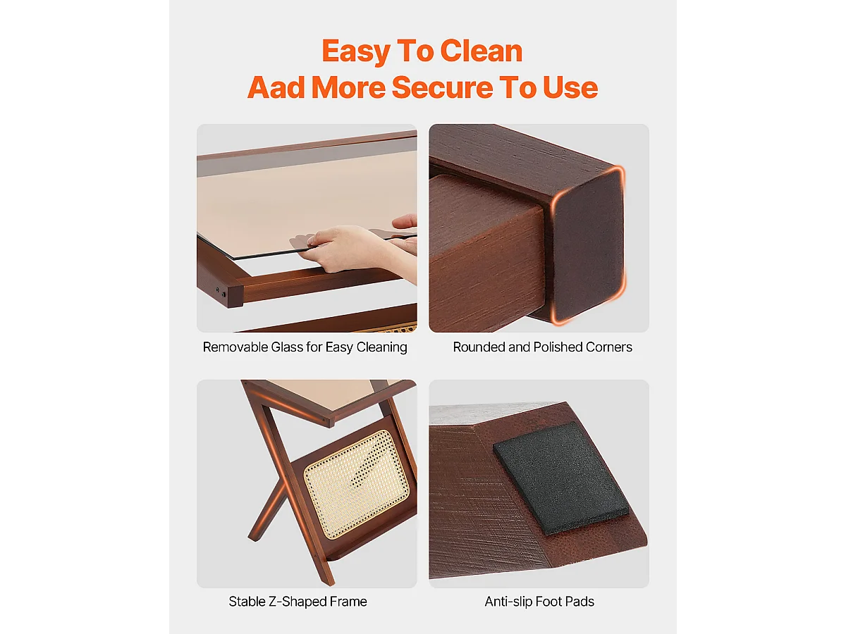 Table Basse en Rotin SucceBuy, Design à 1 Niveau en Forme de Z avec Plateau en Verre Trempé, Pieds en Bambou Naturel pour Salon, Chambre et Petits Espaces