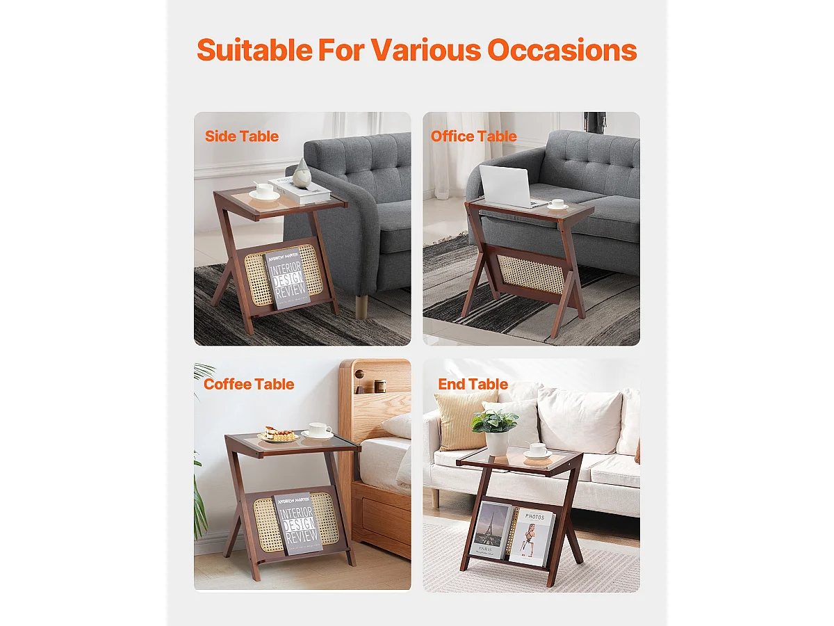 Table Basse en Rotin SucceBuy, Design à 1 Niveau en Forme de Z avec Plateau en Verre Trempé, Pieds en Bambou Naturel pour Salon, Chambre et Petits Espaces