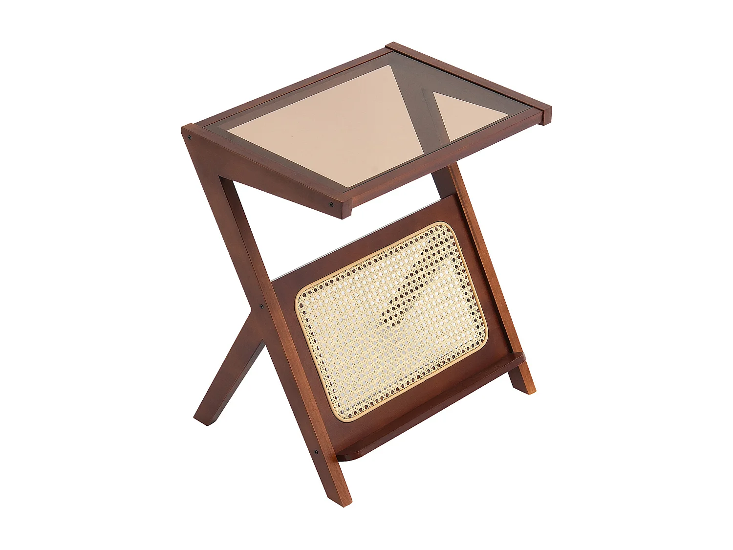 Table Basse en Rotin SucceBuy, Design à 1 Niveau en Forme de Z avec Plateau en Verre Trempé, Pieds en Bambou Naturel pour Salon, Chambre et Petits Espaces