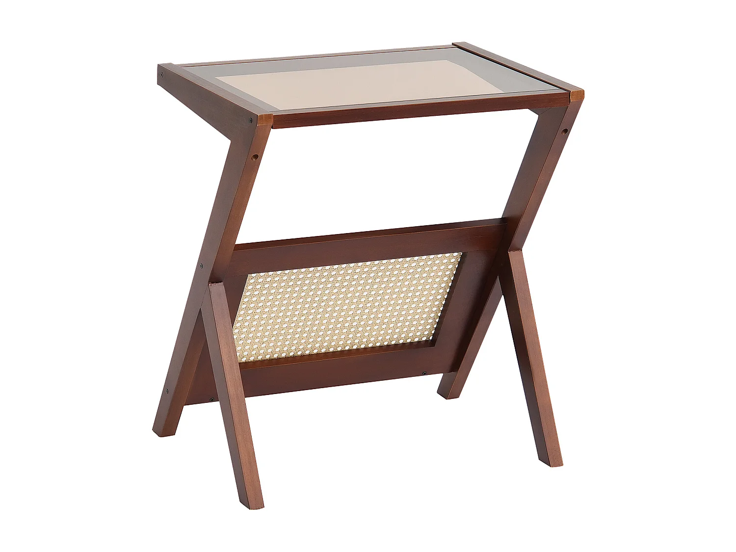 Table Basse en Rotin SucceBuy, Design à 1 Niveau en Forme de Z avec Plateau en Verre Trempé, Pieds en Bambou Naturel pour Salon, Chambre et Petits Espaces